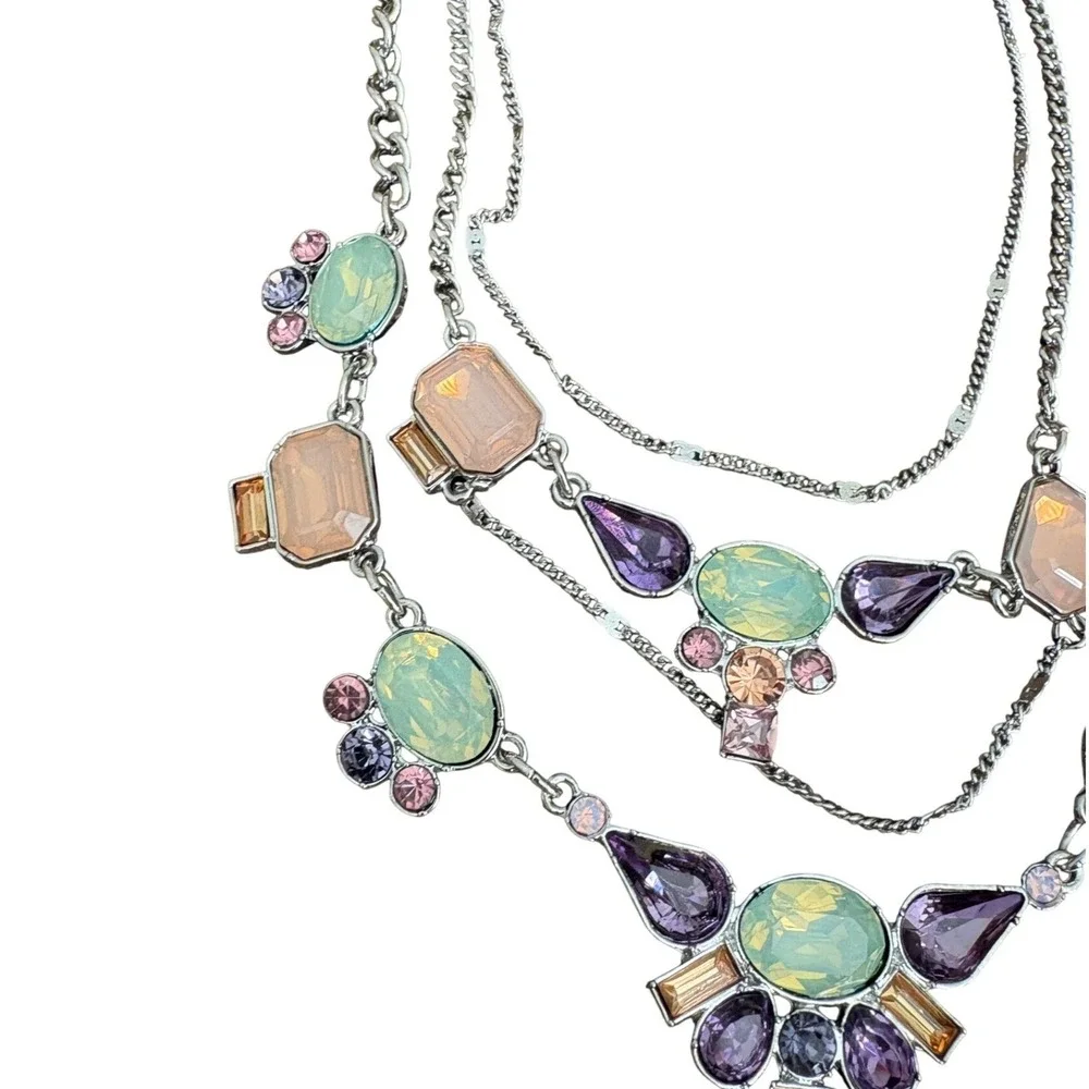 GUESS Silver Tone Layered Statement‎ Necklace Pastel Crystal Bib Multi Chain Y2K